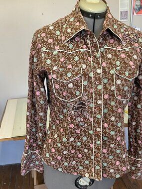 Cowgirl Shirt - Brown, Pink & Teal with Sequins and White Piping